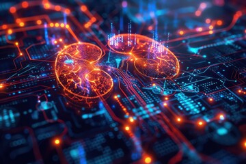 Urinary system with glowing neon kidneys and digital pathways, futuristic technology concept, detailed anatomical illustration