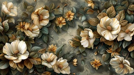 White Flowers on Green and Brown Background