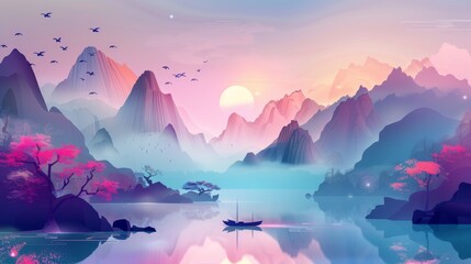 Abstract line landscape decoration illustration poster background ink