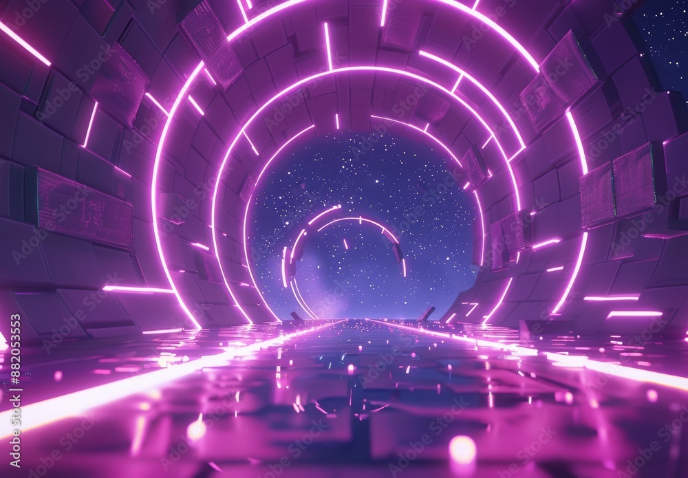 Poster Three-dimensional neon background, glowing round cyber portal, ring shape, fantastic scene in virtual reality, road between blocks under the night sky.