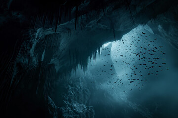 光が差す洞窟を飛び回るコウモリの群れ