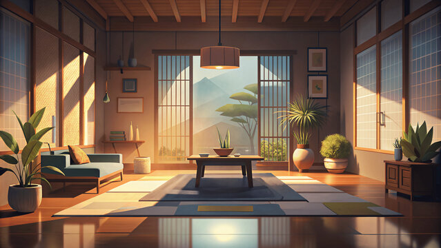a serene illustration in flat style of an relaxing living room interior paceful design