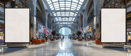 Two blank advertising displays in modern interior against glass facade in 3D rendering.