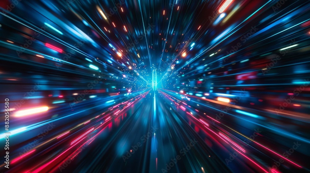 Wall mural Abstract neon lights into a digital tunnel. Futuristic technology abstract background with lines for data center, internet, server and speed.