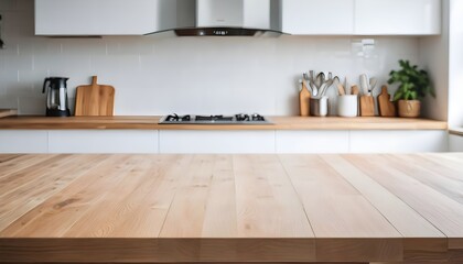 Empty White Wooden table top with blurred background of minimalist kitchen bench. Generative ai