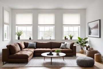 Fototapeta premium Cozy Living room interior with brown couch and white wall. Generative ai