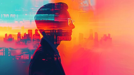 Abstract outlines of supervisors coordinating freight logistics, vibrant colors, 3D, hightech design, dynamic composition