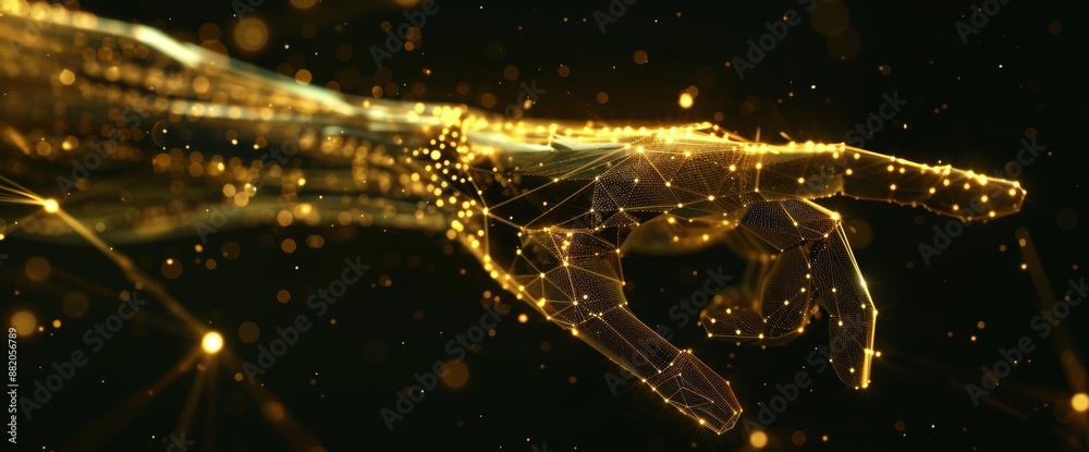 Poster a digital hand hologram on a dark background with copy space. neural network connections. stock comm