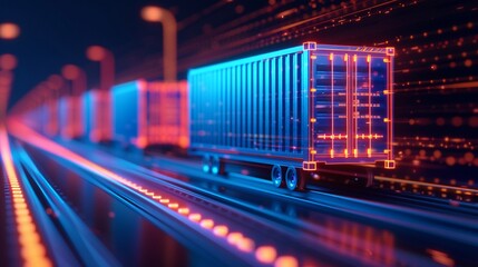 Abstract outlines of supervisors coordinating freight logistics, vibrant colors, 3D, hightech design, dynamic composition