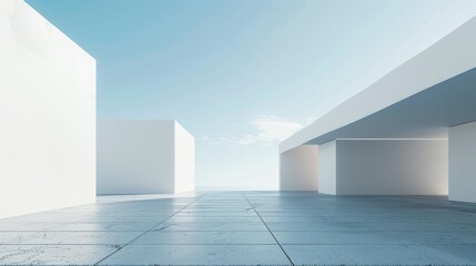 A 3D rendering of abstract modern architecture on a concrete floor with a car presentation background.