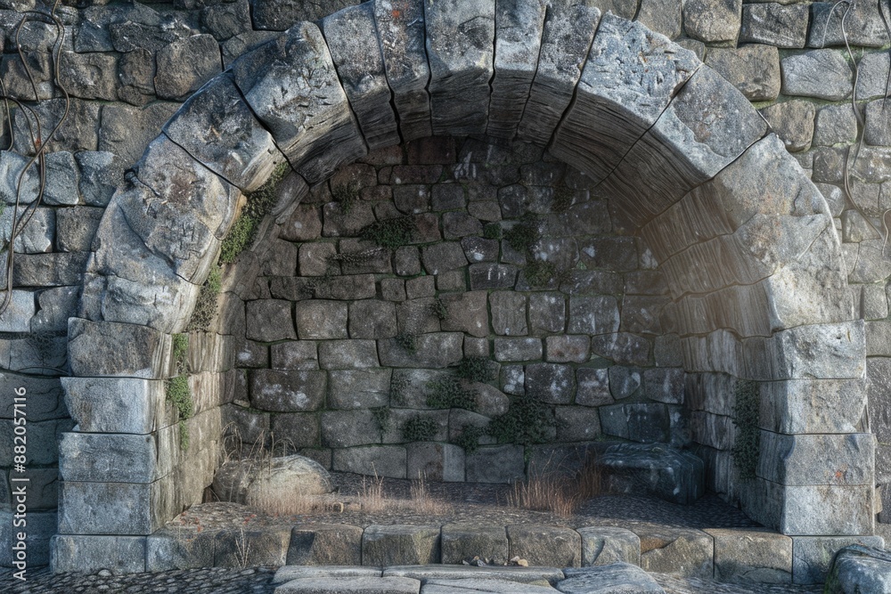 Poster an ancient stone arch with a wooden bench in front of it