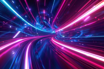 This is an abstract futuristic background with shimmering gold PINK blue glowing neon moving high speed wave lines and bokeh lights.