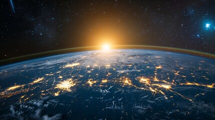 Stunning view of planet Earth from space with shining city lights and bright clouds. Image of the planet from space.