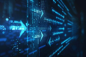 Stock image of blurred futuristic abstract geometric background with arrows and technology concept for business, data transfer and digital marketing.