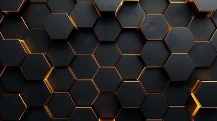 3D illustration of a black honeycomb pattern with golden edges, depicting a futuristic and sleek geometric background.