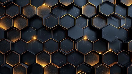 Abstract dark honeycomb pattern with glowing golden edges, perfect for modern backgrounds, wallpapers, and design projects.