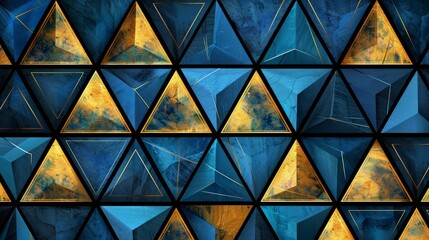 Obraz premium Abstract geometric art featuring blue and gold triangle pattern with a textured background, perfect for modern design projects.