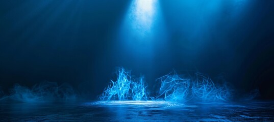 Dark blue abstract cement wall and studio room with smoke floats up the interior texture for product display wall
