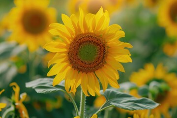 Fototapeta premium A field of tall sunflowers with bright yellow petals and green leaves, ideal for use in agricultural or nature-related contexts