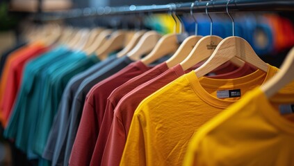 Obraz premium Colorful T-Shirts Hanging on Wooden Hangers in a Retail Store