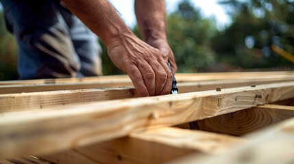 Close up shot of a person's hands assembling the frame of a pergola in a backyard