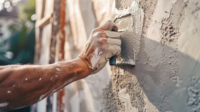 Close up shot of a worker applying stucco with spatula to an exterior wall