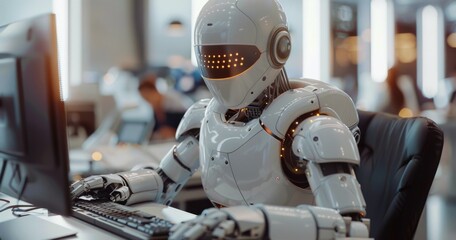 White Robot Working on Computer in Modern Office Setting