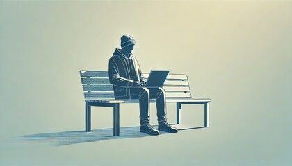 Fototapeta premium A minimalistic illustration of a person sitting on a bench while using a laptop