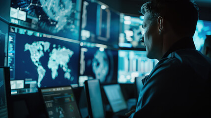 Cyber Security Specialist Monitoring Global Network Threat Data