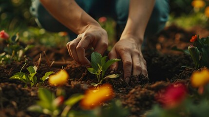 Fototapeta premium Close up shot of a person's hands digging holes and planting flowers in a garden bed