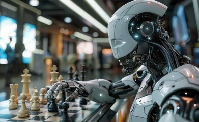 Fototapeta premium White Robot Playing Chess in a Modern Setting