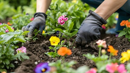Fototapeta premium Close up shot of a person's hands digging holes and planting flowers in a garden bed