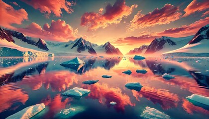 An image of calm water in an icy landscape during a beautiful sunset