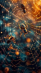 Hornets building a web, detailed macro shot, vibrant hues, natural interaction, intense atmosphere