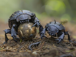 Dung beetles rolling their ball, caterpillars crawling nearby, dynamic and detailed macro photography