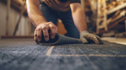 Close up shot of a worker rolling out and cutting carpet
