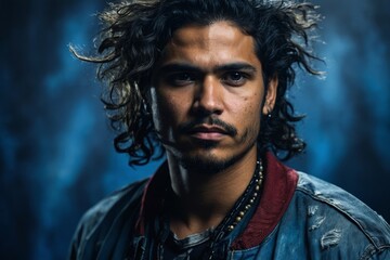 Fototapeta premium Portrait of thoughtful man with long hair and denim jacket