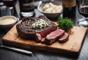 Dry-aged ribeye steak with blue cheese butter on a wooden board with a glass of Cabernet Sauvignon in a high-class American steakhouse
