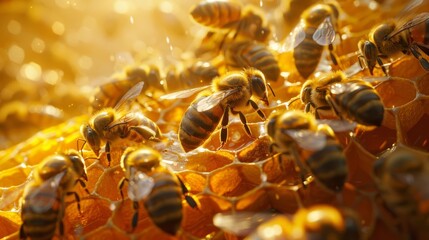 Queens and worker bees on a honeycomb, closeup shot, detailed textures, warm lighting, natures harmony