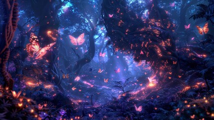 Fototapeta premium Weevils and moths in a bioluminescent forest, glowing effects, detailed and magical scene