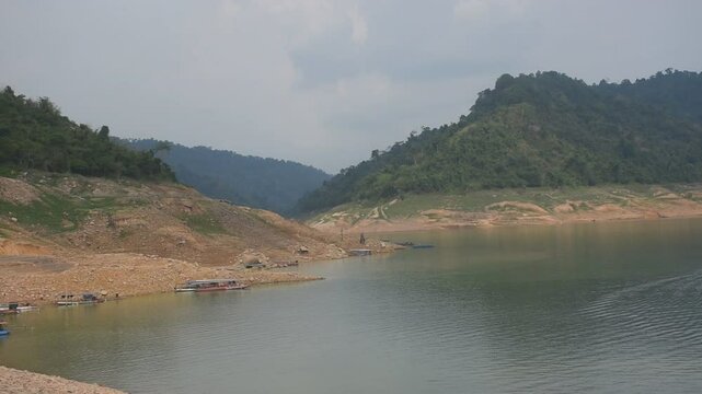 Khun Dan Prakarn Chon huge concrete dam with lower water level from El nino effect in Thailand  