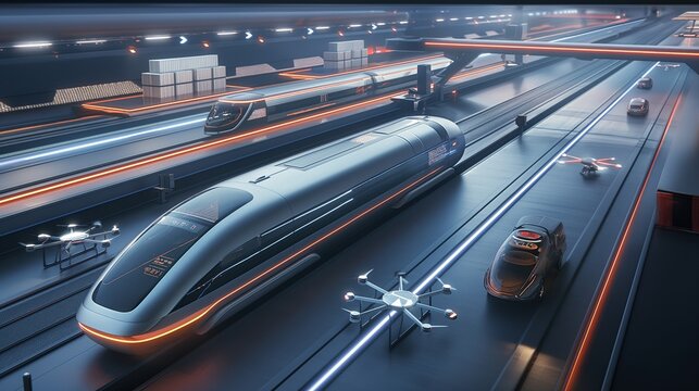 An ultramodern transportation system featuring hyperloop trains, autonomous vehicles, and drone delivery systems, all integrated seamlessly.