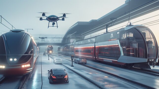 An ultramodern transportation system featuring hyperloop trains, autonomous vehicles, and drone delivery systems, all integrated seamlessly.