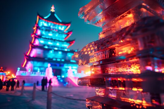 Harbin Ice and Snow Festival with Vibrant Neon Lights and Intricate Ice Sculptures in Winter Night - Powered by Adobe
