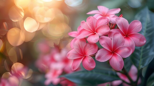 close up shot on beautiful pink frangipani flowers with sunlight and bokeh effect