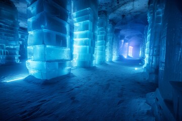 Harbin Ice and Snow Festival with Vibrant Neon Lights and Intricate Ice Sculptures in Winter Night