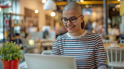 Obraz premium A woman with a shaved head is sitting at a table with a laptop in front of her