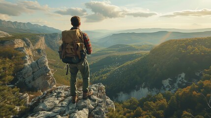 A man with a backpack stands on a cliff overlooking a valley. He is a traveler or explorer, discovering a new place. He is on an adventure, hiking and exploring the wilderness.