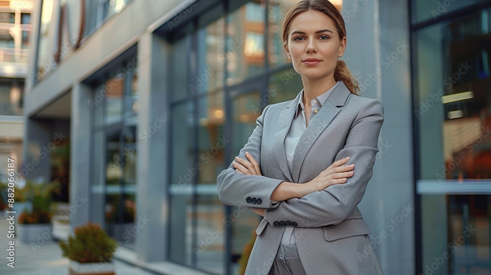 Poster A woman in a business suit stands in front of a building with her arms crossed