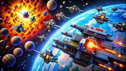Obraz premium Pixelated spaceships engage in a battle amongst pixelated planets, capturing the excitement of space exploration in a retro way.